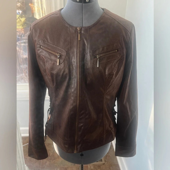 M By Marc Bouwer Sz M Brown Faux Leather Jacket Coat Side Lace up Leopard lining - Picture 2 of 16